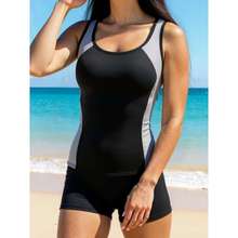 欧美大码泳衣女运动泳衣保守遮肚拼色修身分体泳装竞速泳衣