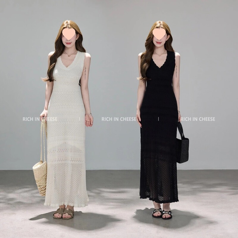 Shuhulei Black and White Lisianthus Tencel Summer Elegant Hollow-Out Jacquard Textured Knit Waist-Cinching Dress White Shuhulei Black and White Lisianthus Tencel Summer Elegant Hollow-Out Jacquard Textured Knit Waist-Cinching Dress White