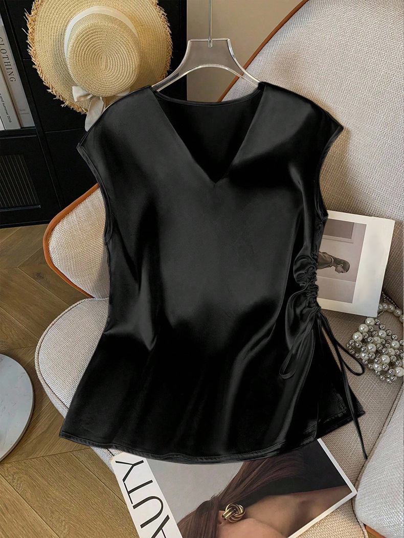 Damen Satin Bluse Mit V-ausschnitt Elegantes Sommer Oberteil_voghion.com