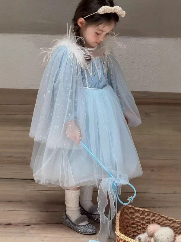 2025女童爱莎艾莎冰雪儿童公主裙纱裙小女孩生日礼服裙长袖羽毛款|undefined