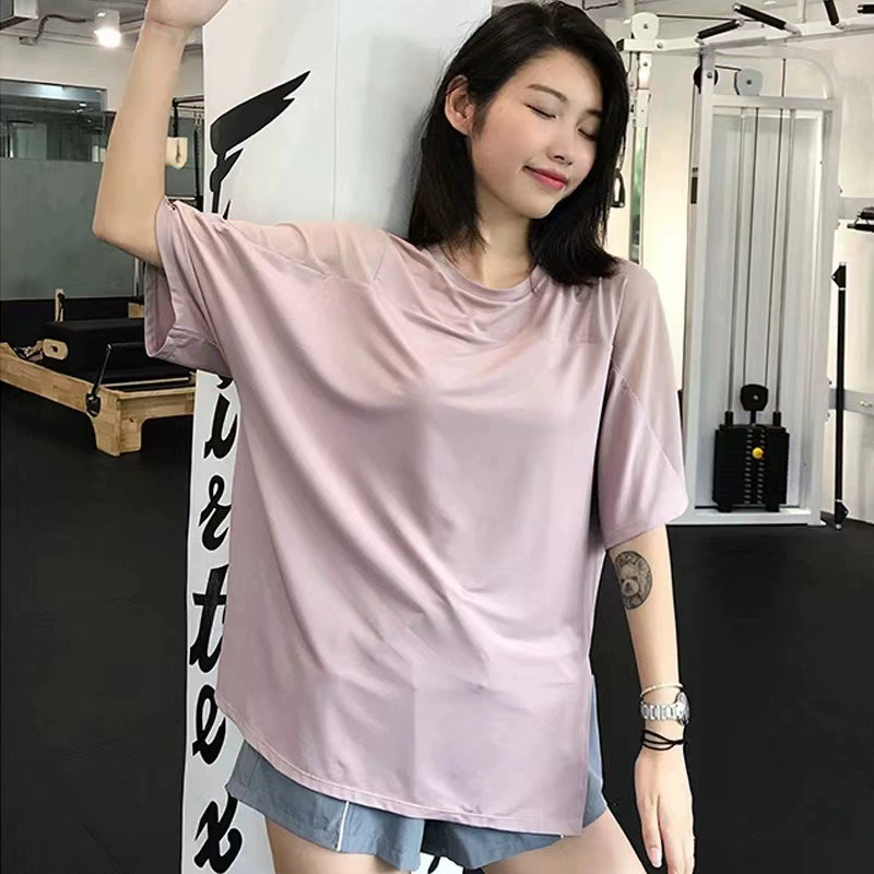 Быстросохнущая футболка Одежда для йоги Спортивный топ с короткими рукавами больших размеров Женская Свободная блузка для полных девочек Летняя тонкая одежда для бега и фитнеса