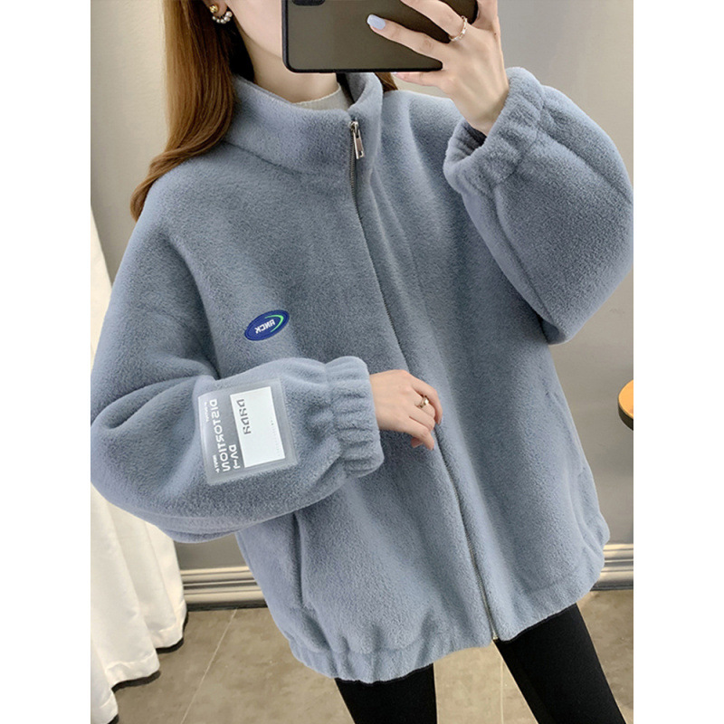 2025新款秋冬季宽松立领拉链仿濑兔毛加绒加厚毛毛皮草外套女卫衣