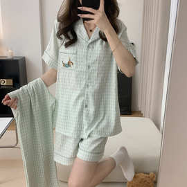 浅绿色腊肠狗云朵棉色织格三件套女睡衣