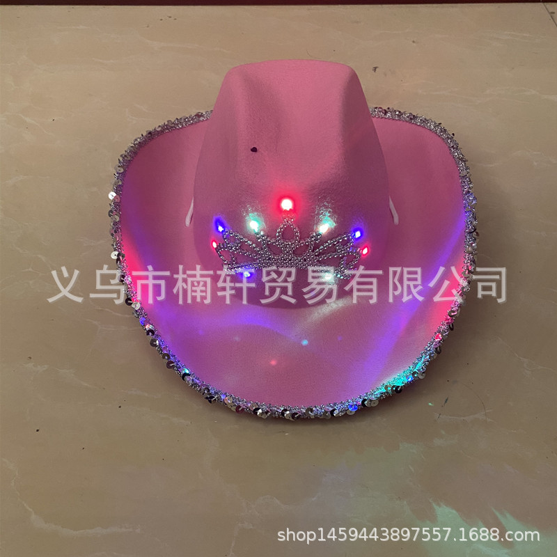 Los niños plata lentejuelas lana raya ribete de tres funciones nueve-luz corona de color diamante rosa occidental sombrero de vaquero distribución automática