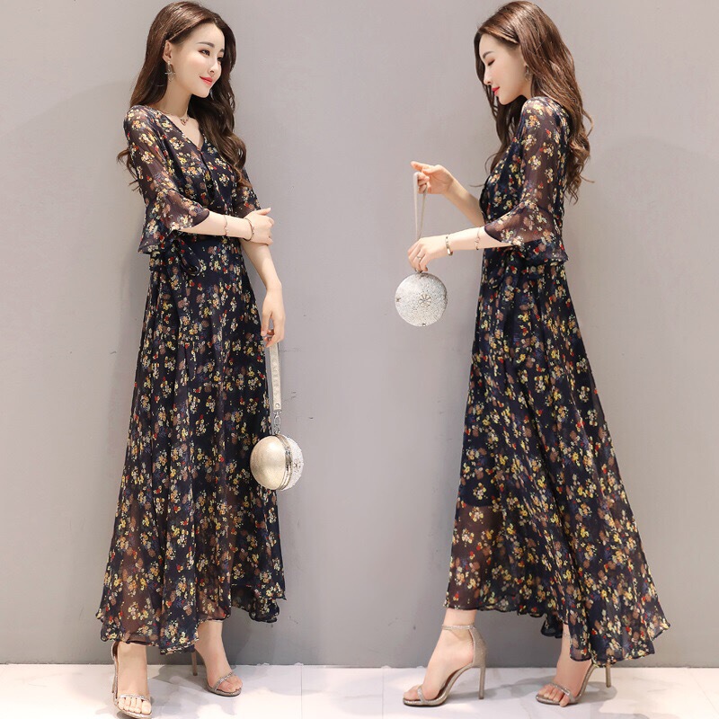 2025 Summer New Slim Floral Imitation Chiffon Dress Women's Korean Fashion Bell Sleeve Long Skirt 2025 Summer New Slim Floral Imitation Chiffon Dress Women's Korean Fashion Bell Sleeve Long Skirt