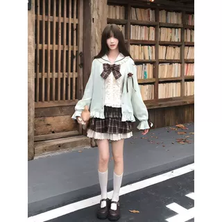 YS 檐下甜格复古日系温柔风娃娃领波点衬衫+毛衣+半身裙三件套女