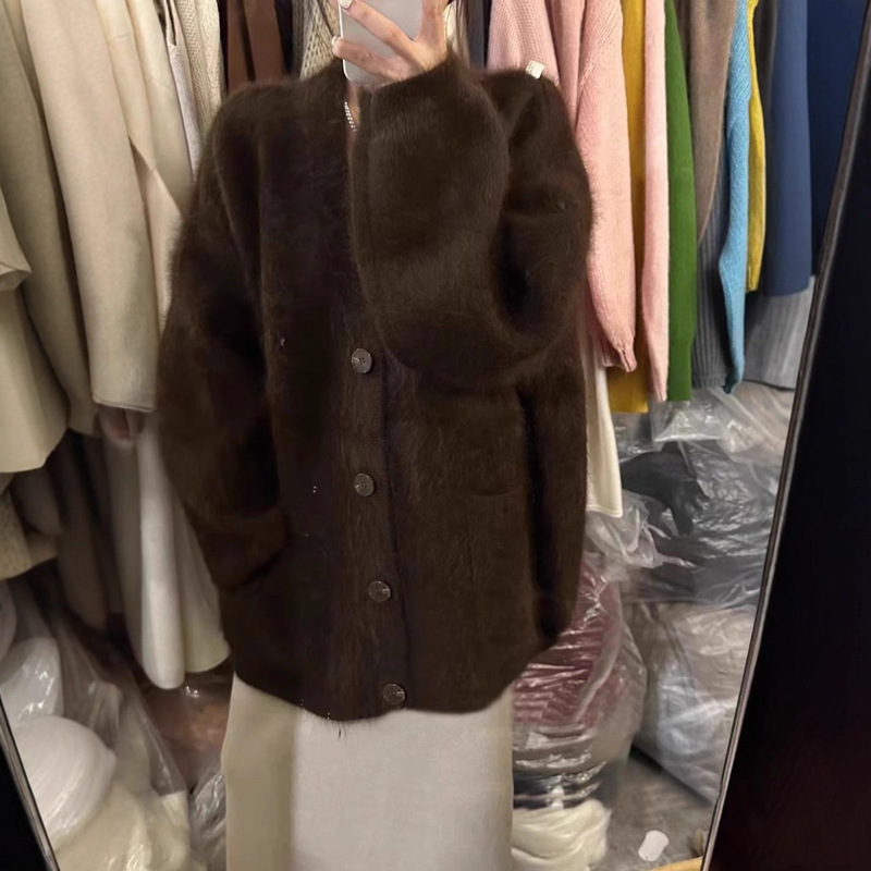 Maillard Style Brown Mink Velvet Sweater Jacket for Women Autumn and Winter Mid-Length Thickeneded Loose Knitted Cardigan Top