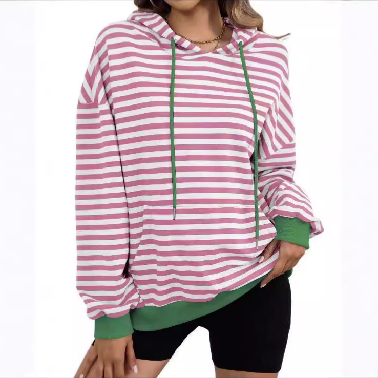 Autumn And Winter Printed Striped Hooded Color Block Pocket Sweatshirt_voghion.com