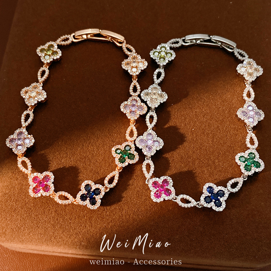 Medieval vintage color zircon flor de hierba de la suerte pulsera de hebilla pulsera lujosa pulsera de alta sensación joyas delicadas