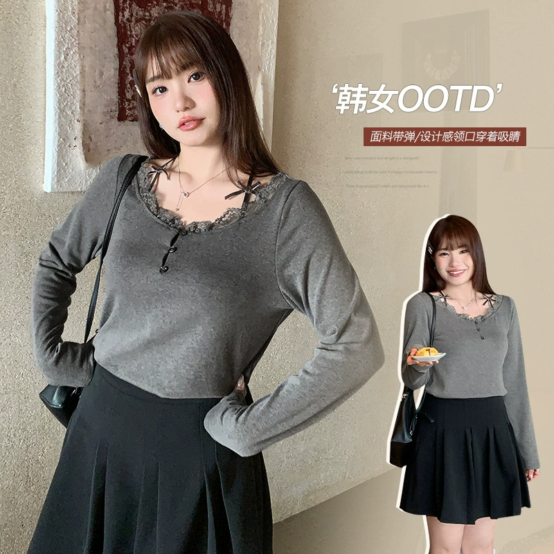 Модная осенняя футболка из двух частей с кружевным верхом и длинными рукавами, женский топ с открытыми плечами больших размеров, модель 63528.