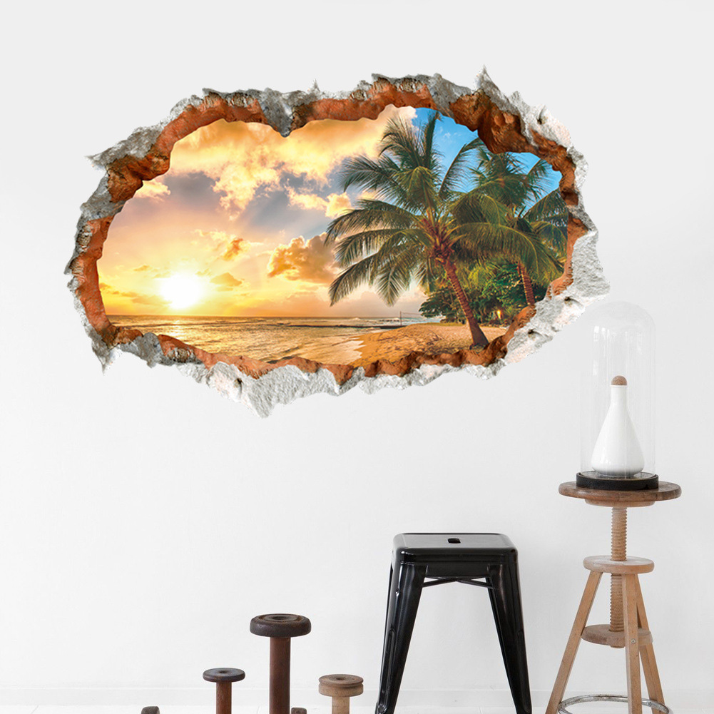 Landscape Beach Sunset Coconut Tree Wall Sticker 3d Decor_voghion.com