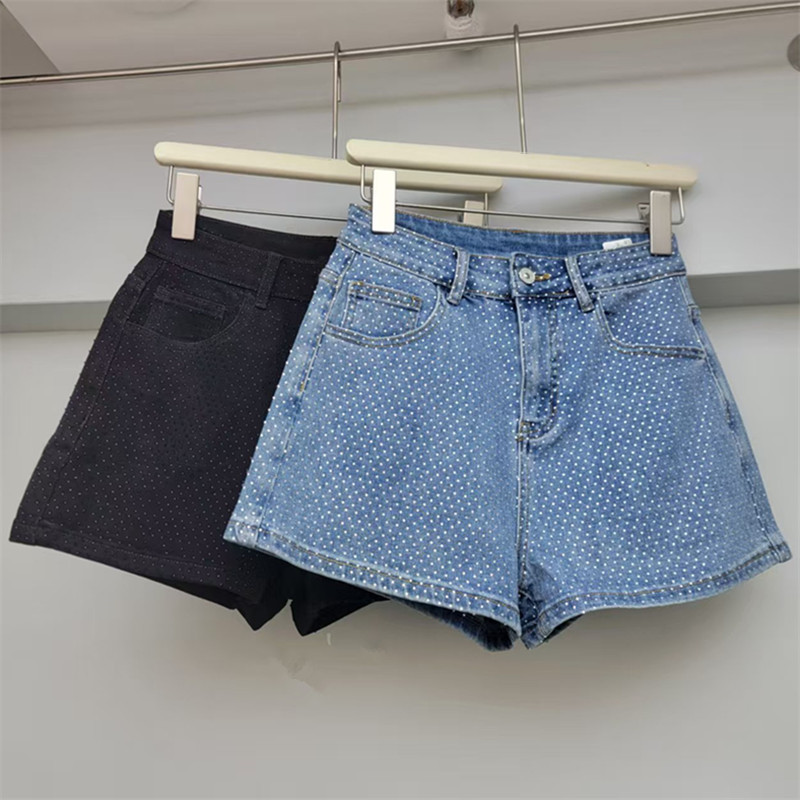 Pantalones Cortos de Mezclilla Ajustados de Tiro Alto con Pedrería