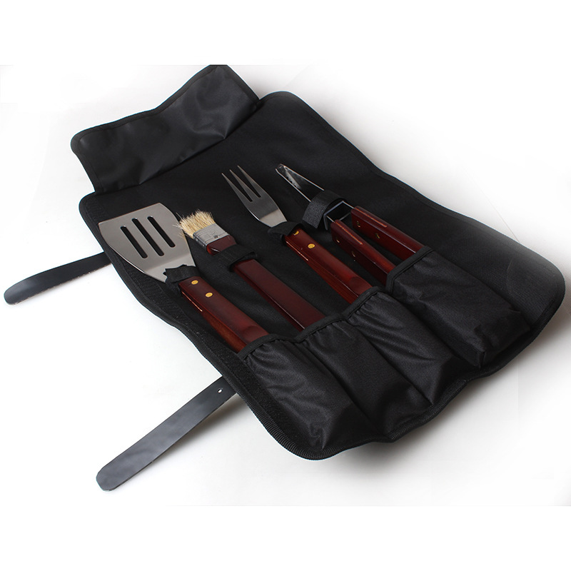 [Fuente de fábrica] de acero inoxidable barbacoa parrilla traje de tela bolsa mango de madera 4 piezas barbacoa herramienta barbacoa pala tenedor