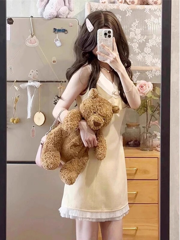 法式气质小香风娃娃领无袖连衣裙女夏季收腰显瘦富家千金黄色短裙|undefined
