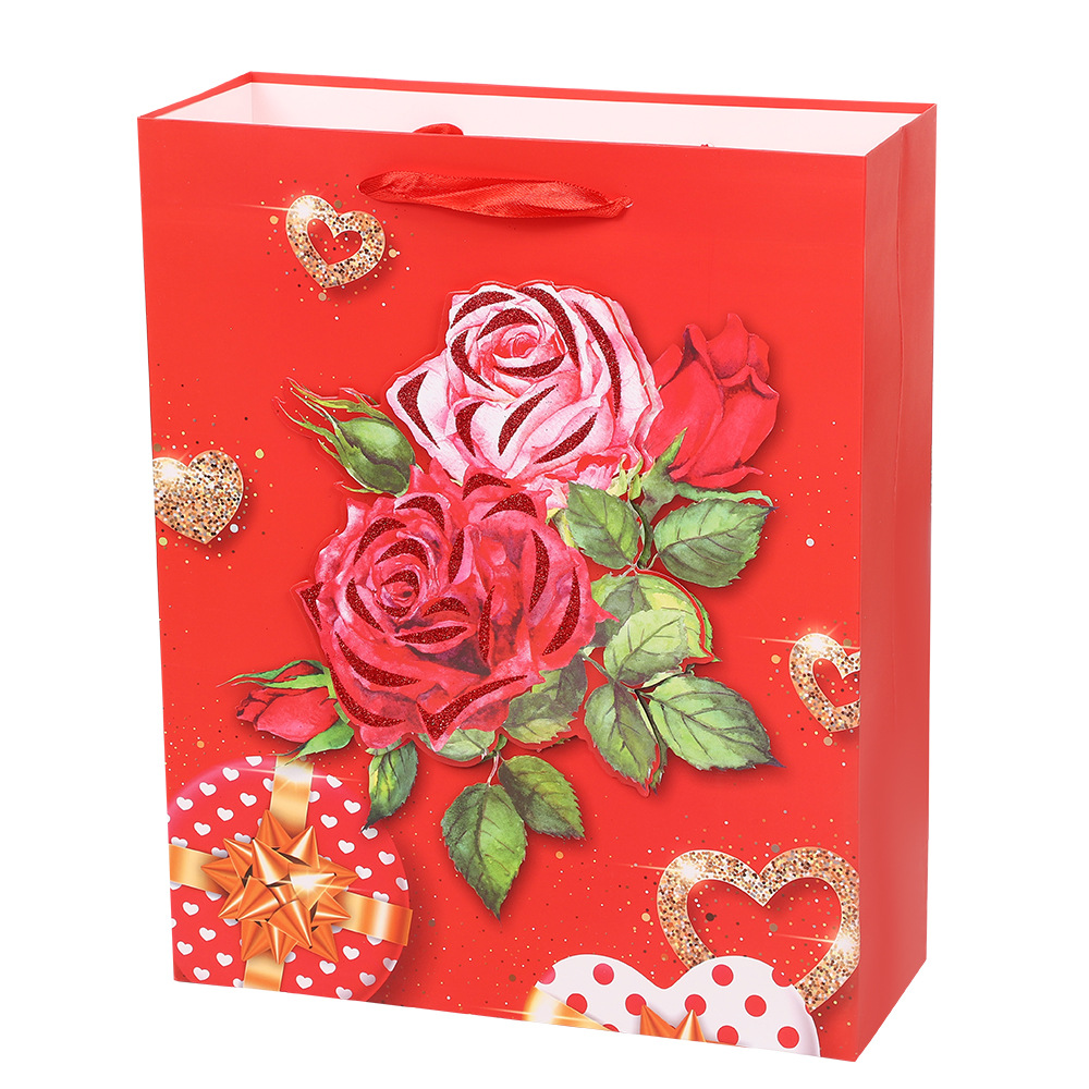 Bolsa de regalo cuadrada de papel rojo para Año Nuevo, diseño con rosas