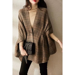 Korean Style Loose Retro Plaid Outwear Women's 2025 Autumn and Winter New Versatile Western Style Shawl Cloak Outwear Trendy