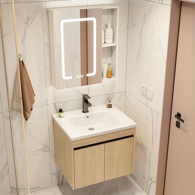New natural wood style space aluminum bathroom cabinet set with integrated washbasin and ceramic basin New natural wood style space aluminum bathroom cabinet set with integrated washbasin and ceramic basin