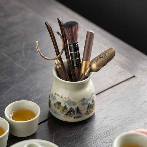 Ru Kiln Tea Ceremony Six Gentlemen Ebony Solid Wood Tea Clips Tea Spoon Tea Needle Brush Tea Accessories Complete Set High-End Qianli Jiangshan