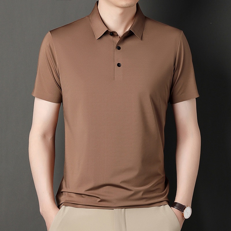Kişi üçün ipək qısaqol polo köynək, yay modeli