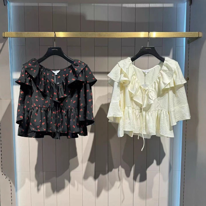 Japanese m Brand 2025 Autumn Sweet Style Tie Ruffle Loose Short-Sleeve Shirt 010Ia230-4231