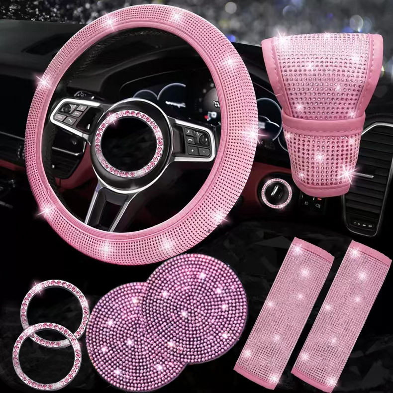 8-Piece Car Diamond-Encrusted Decorative Set: Steering Wheel Cover, Ignition Ring, Seat Belt Shoulder Pads, Cup Mat, Gear Shift Cover