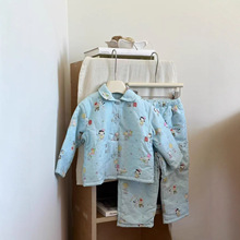 女童夹棉居家服套装2025冬季新款宽松卡通可爱蓝色夹棉a类睡衣潮