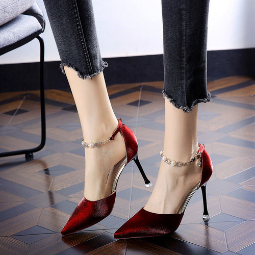 Pointed-toe high-heeled shoes for women  summer new style hollow sandals stiletto burgundy single shoes one-line buckle high-heeled sandals