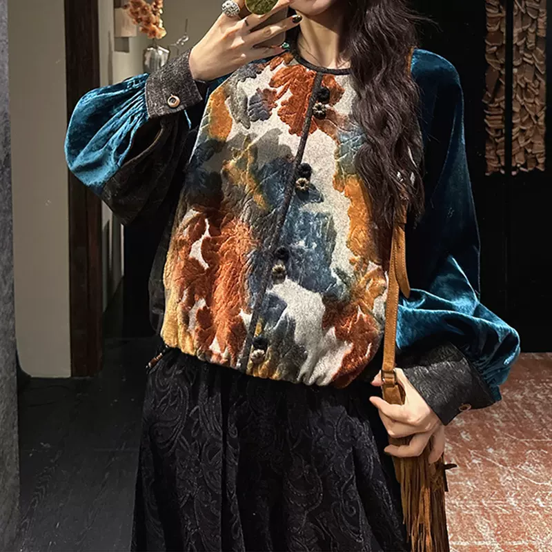 【雁南飞】手绘织金割绒丝绒卫衣2025冬季新款时髦拼色卫衣女