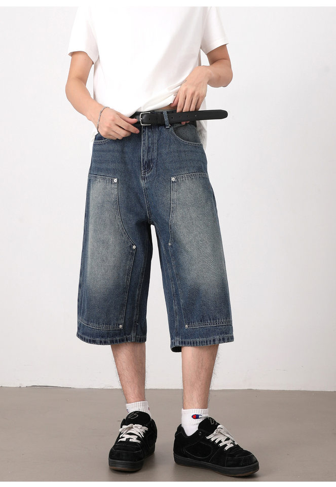 Quần jean nam ống suông rộng lửng giặt mài phong cách retro — Denim đen, Xanh nhạt, Xanh đậm chi tiết 18
