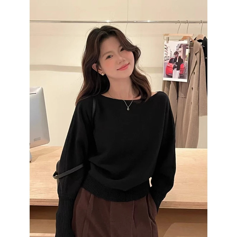 柠檬绿茶温柔一字肩套头针织衫女秋冬韩系气质长袖毛衣|undefined