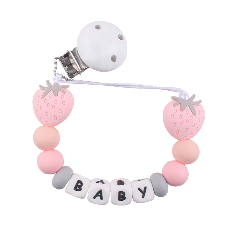 Nuevos productos para bebés Clip de chupete redondo de madera para calmar la cadena de chupete de silicona de fresa de dibujos animados para bebés