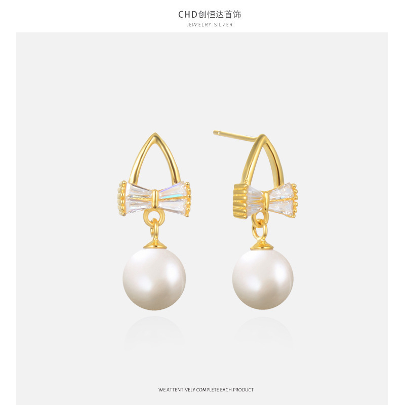 S925 plata esterlina perla arco pendientes ligero lujo temperamento de moda pendientes cortos 2022 nuevos pendientes de moda al por mayor