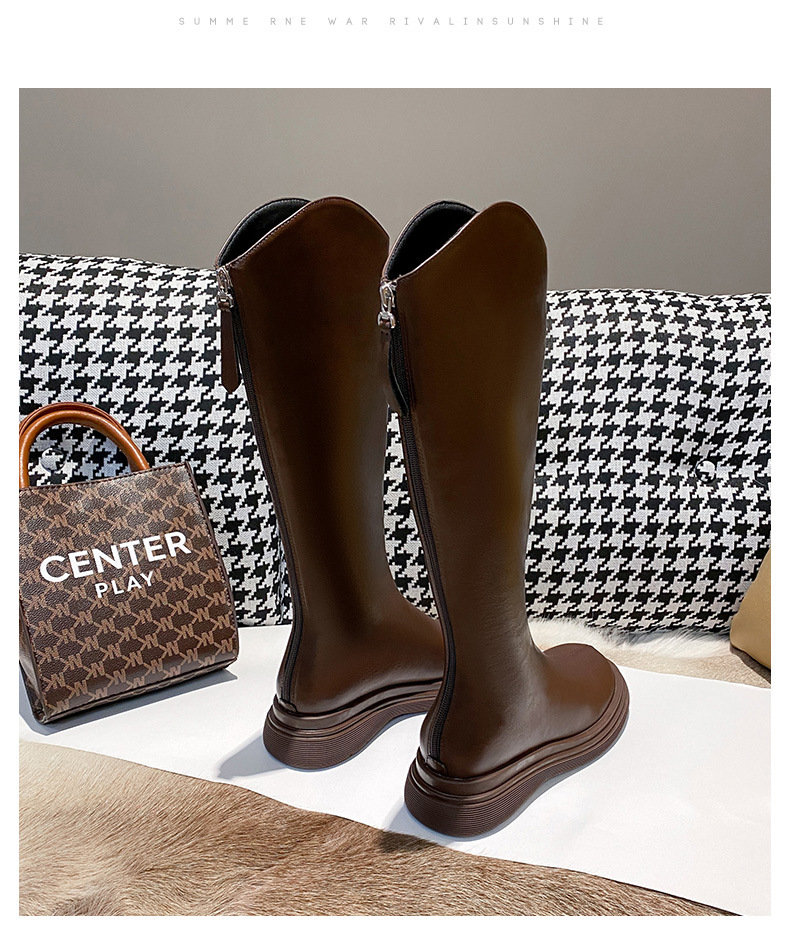 Brown Leather Women's Ankle Boots With V-cut And Thick Sole_voghion.com