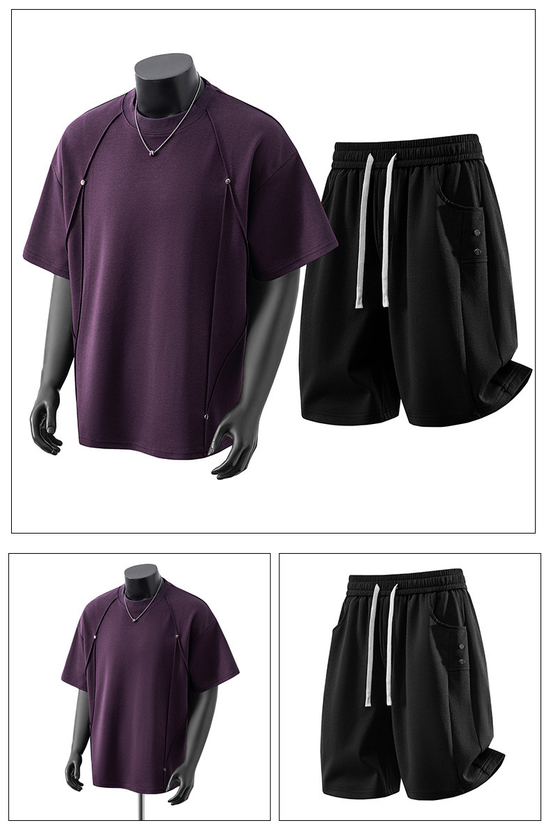 Men's Short Sleeved Suit Cleanfit Crew Neck T-Shirt High Street Patchwork 3D Studs Premium Feel_viptrois.com