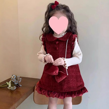 女童连衣裙秋冬红色喜庆新年公主裙周岁女宝宝高级礼服加绒背心裙