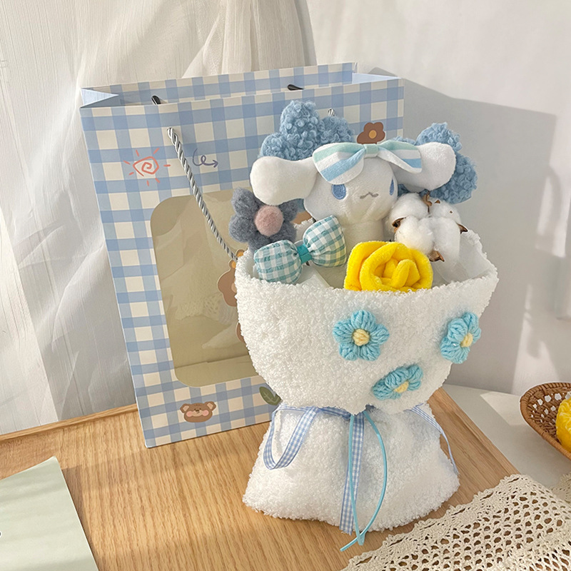 Terminado ramo de muñeca lindo ramo de muñeca de peluche para novia regalo de cumpleaños con bolso