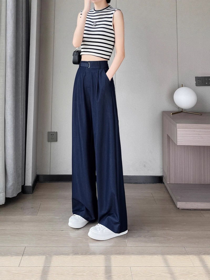 Quần jean nữ ống rộng cạp cao chất liệu mát lạnh — màu xanh đậm
