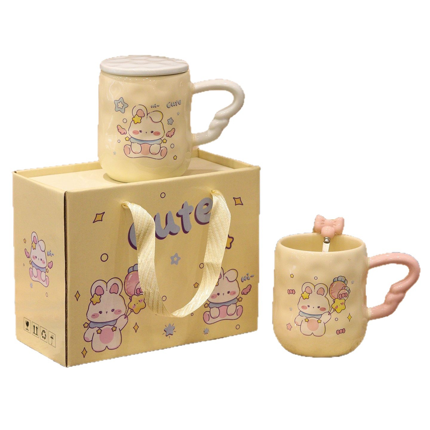 Conjuntos de tazas de cerámica de conejo mágico de alto valor con caja de regalo, tazas de marca con tapa + cucharada de taza de agua, taza de regalo