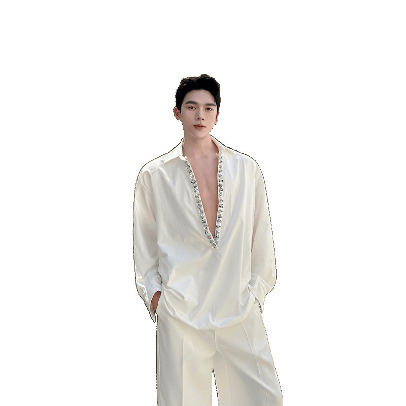 时髦大V领亮片长袖衬衫复古夜店风造型师上衣A452--6529--5115|undefined
