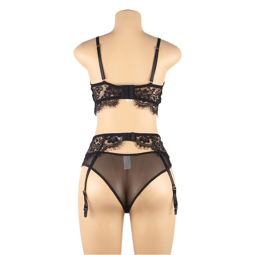 Europa y América más tamaño gordito chica sexy Liga negro sexy malla patrón de encaje ropa interior traje Amazon al por mayor