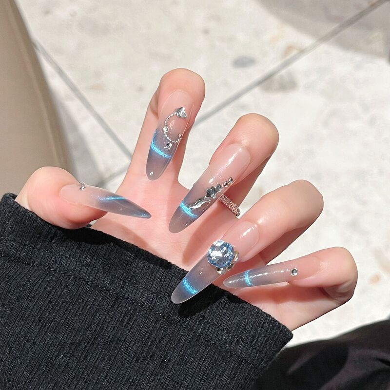 2026 New Style Dark Blue Cat-Eye French Style Long Thin Fake Nail Tips Handmade Removable Nails