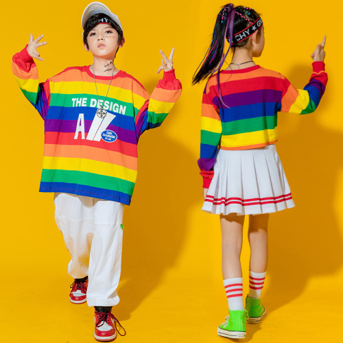 Children rainbow striped hip-hop street jazz dance costumes for boys girls school model show competition modern hiphop performance outfits