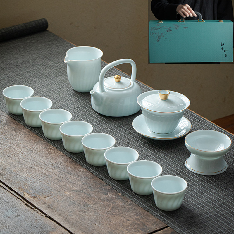 ギフト工夫茶器セット卸売り家庭用ロゴ蓋碗提梁壺開業徳化陶磁器茶器セット|undefined