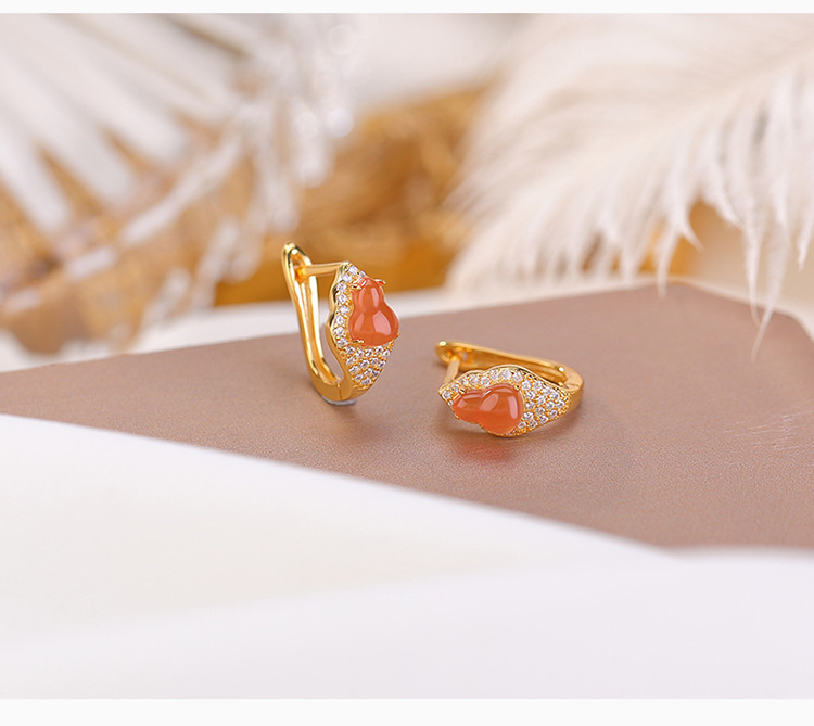Bông tai đinh tán hoa tai kẹp phong cách Trung Quốc khí chất, đá đỏ ngọc bích mạ vàng bạc S925 — Mẫu đỏ nam chi tiết 4