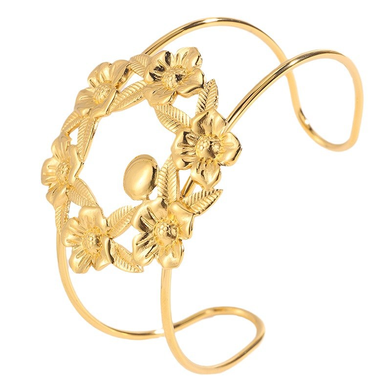 Brazalete de flores anchas de moda europea y americana no se desvanece abertura brazalete de acero de titanio se puede bañar brazalete exagerado al por mayor