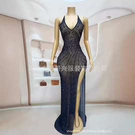 跨境演出服欧美性感黑色网纱水钻露背开叉吊带长裙酒会派对耙耙柑
