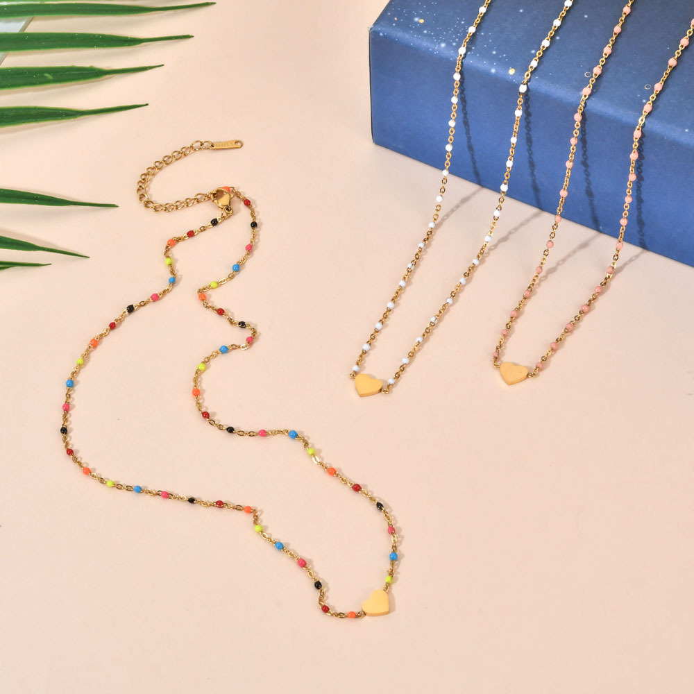 Stainless Steel, Alloy Material Sweet Heart Shape Stainless Steel Alloy Beaded Enamel Pendant Necklace