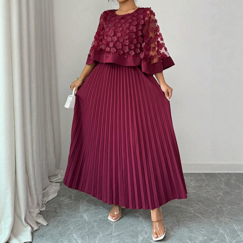 Cross-Border Foreign Trade European and American Plus-Size 2026 Summer New Style Elegant Mesh Cape Splicing Mid-Length Dress