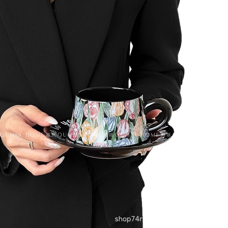 中世スタイルのチューリップコーヒーカップとソーサーセットホームオフィスアフタヌーンティーカップラテカップセラミックカップ|undefined