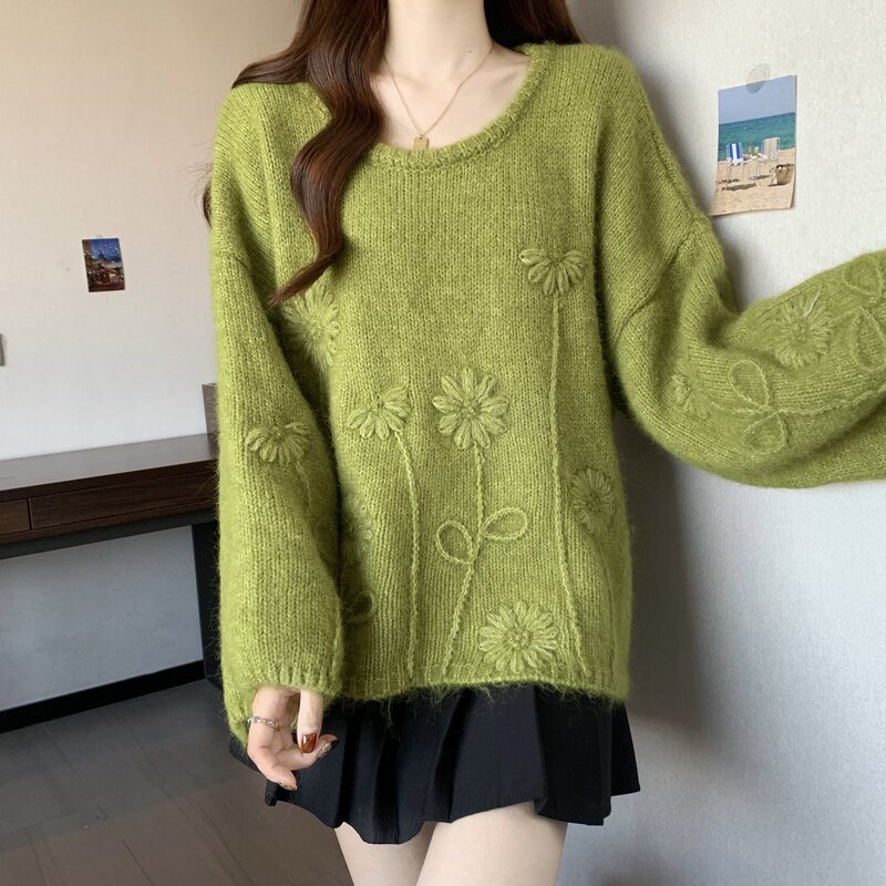 重工立体花朵刺绣套头毛衣女2025秋冬新款韩版宽松休闲针织上衣厚|undefined